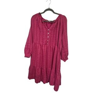 J. Jill Women 3X Pink Dobby Embroidered Tiered Babydoll Button Front Dress